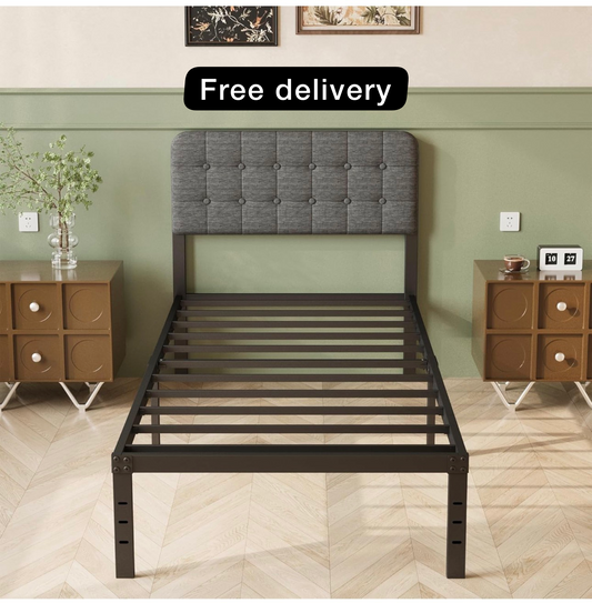 3ft Single Bed Frame with Upholstered Headboard and Footboard, 36cm High Metal Bed Frame Single 90x 190cm