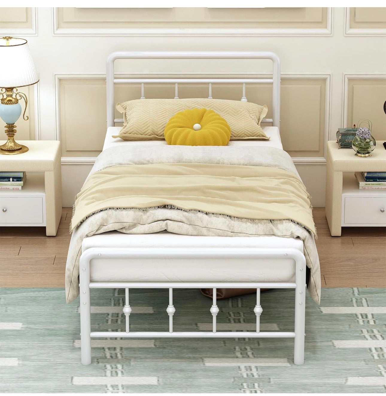 3ft Single Bed Frame with Victorian Headboard and Footboard, Single Metal Bed Frame Heavy Duty Strong Slats, Ample Storage Space, Noise Free, Easy Assembly, White