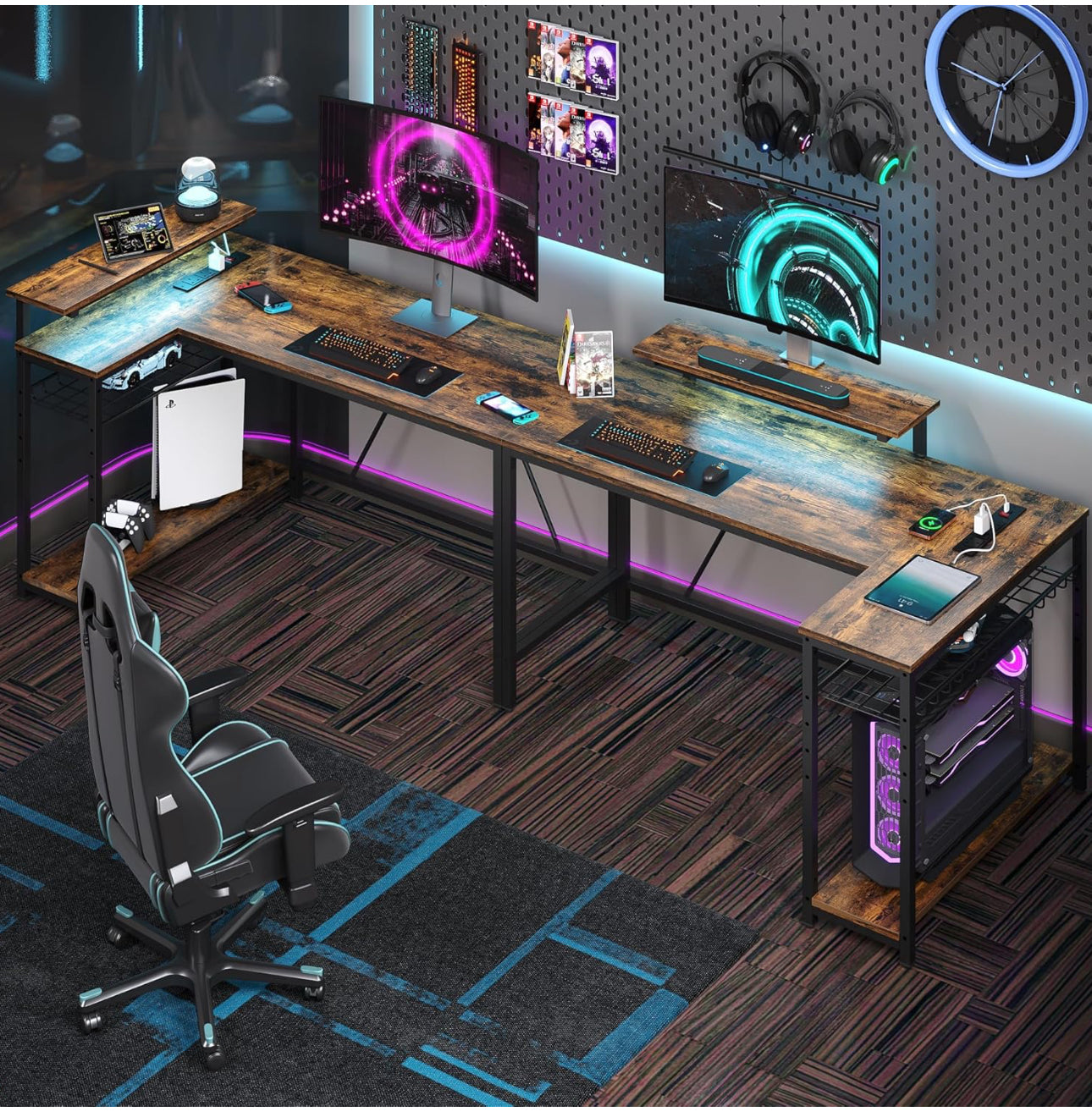 L Shaped Desk with Power Outlets & LED Lights