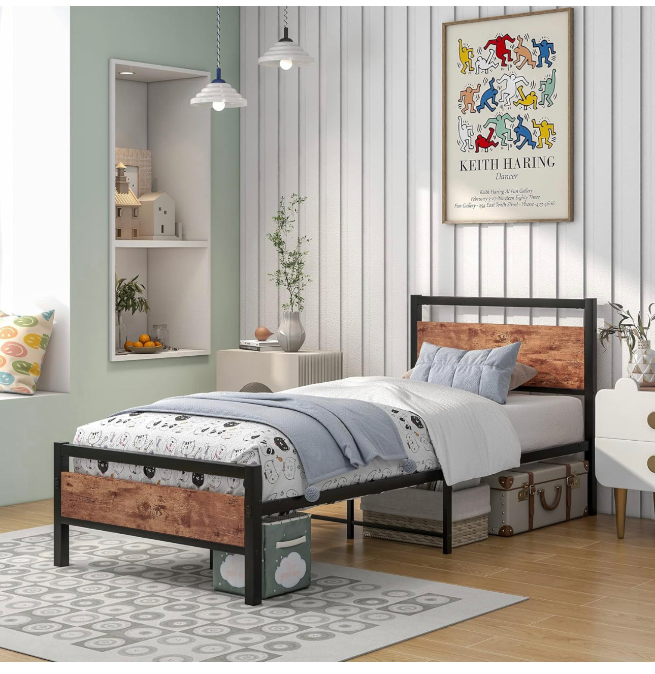 Black Metal Bed Frame Single with Wood Headboard,
