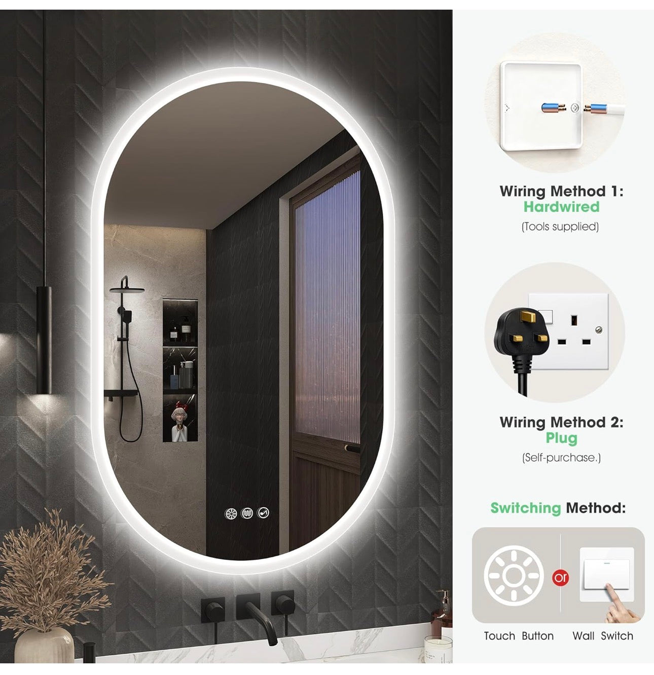 Oval Bluetooth Bathroom Mirror with LED Lights 500x800mm, Anti-Fog, LED Bathroom Mirror with Memory, 3000K-6500K, Dimmable, HD Tempered Glass, IP44 Waterproof, Horizontal or Vertical