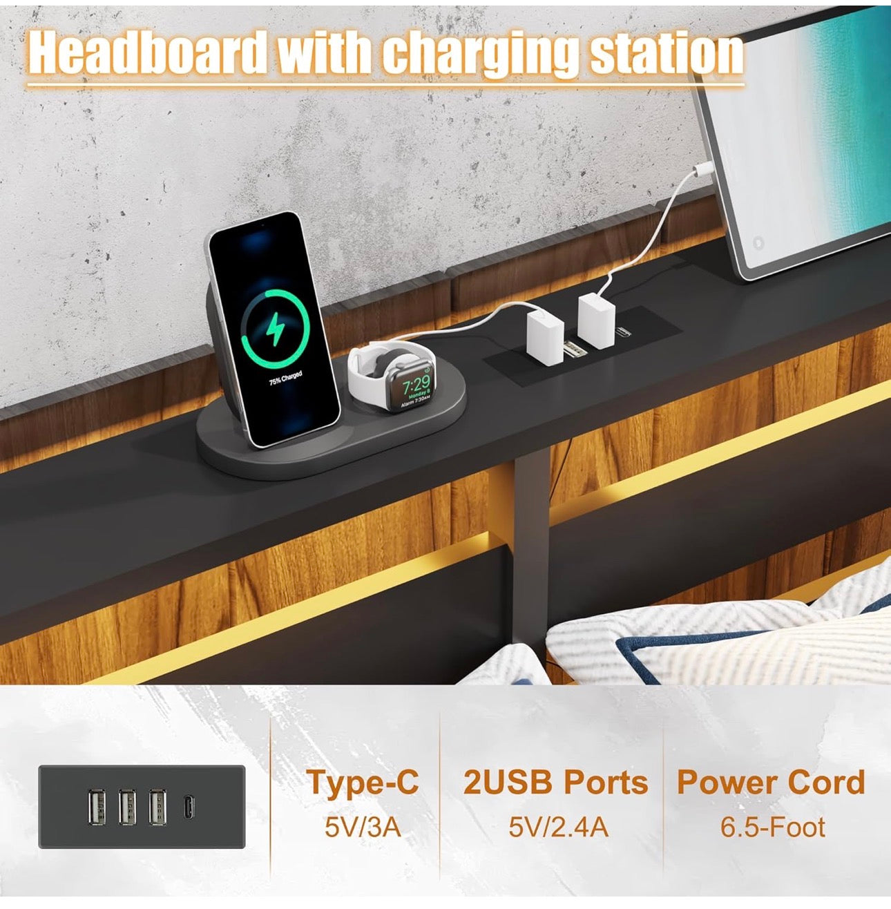 5ft King Bed Frame with Charging Station and LED Lights, Heavy Duty Metal Platform King 150x200 cm Bed Frame with Wood Storage Headboard, No Box Spring Needed, Noise Free, Black