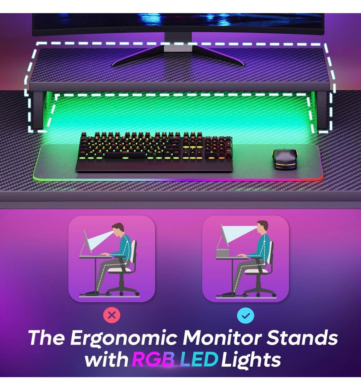 Gaming Desk 106.6 CM LED Computer Desk with Monitor Stand Gamer Workstation with Cup Holder & Headset Hooks for Home Office Bedroom Small Space