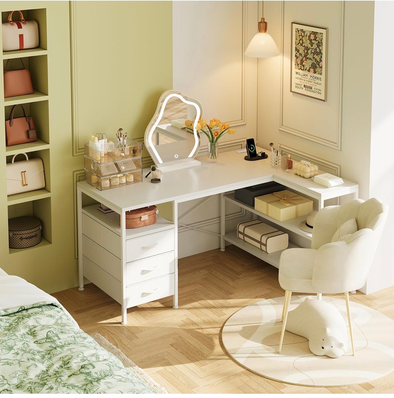 120cm Corner Desk with Drawers, Reversible L shaped Computer Desk with Power Outlet, Home Office Desk with USB Charging Port, White