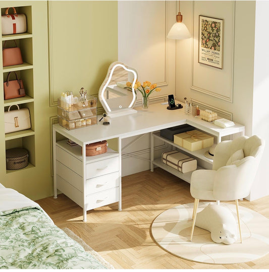 120cm Corner Desk with Drawers, Reversible L shaped Computer Desk with Power Outlet, Home Office Desk with USB Charging Port, White