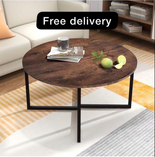 Round Coffee Table Tea Table End Table Sofa Table for Living Room with Metal Legs, Black+Brown oak
