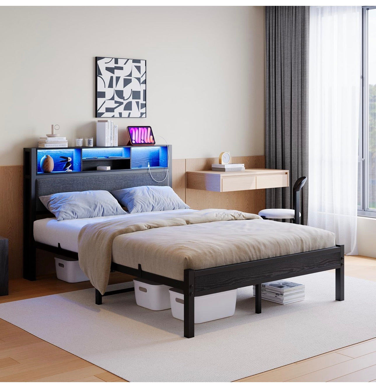 4ft6 Double Size Bed Frame with Storage Shelf Upholstered Headboard