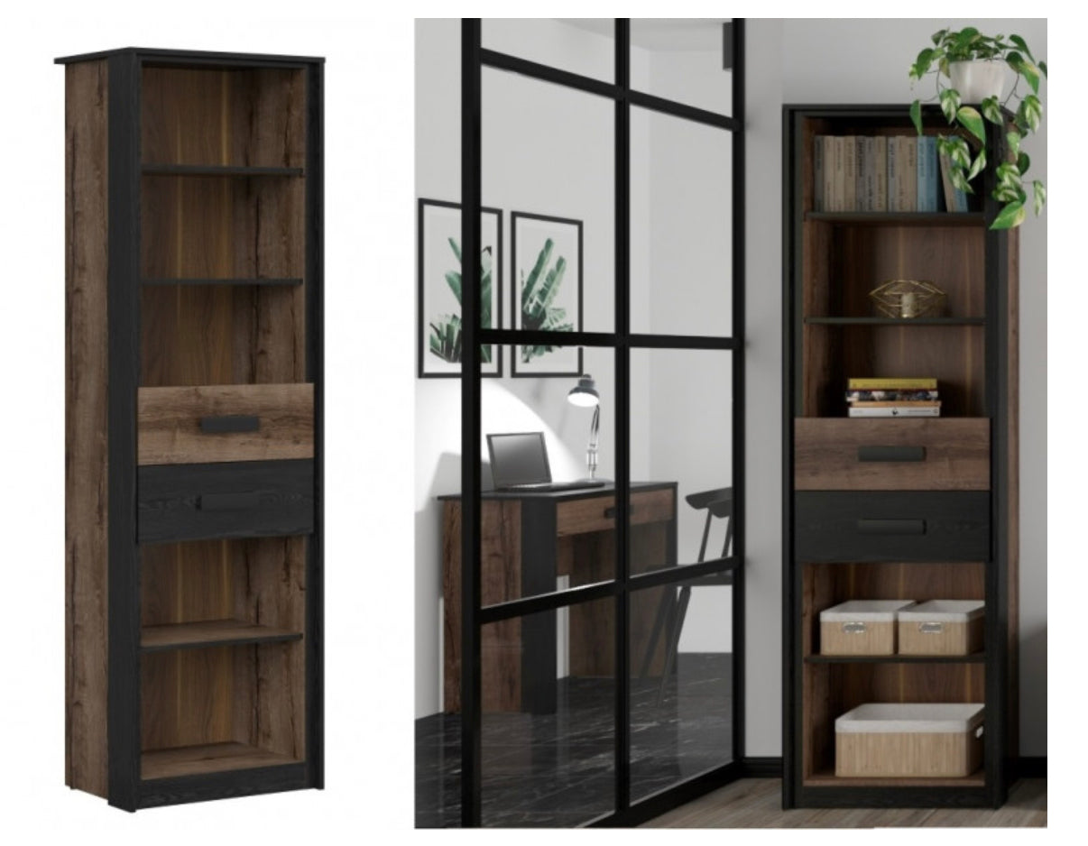 Bookcase Tall Slim Shelf Unit with Drawers Storage Display Shelving Cabinet Oak/Black Effect