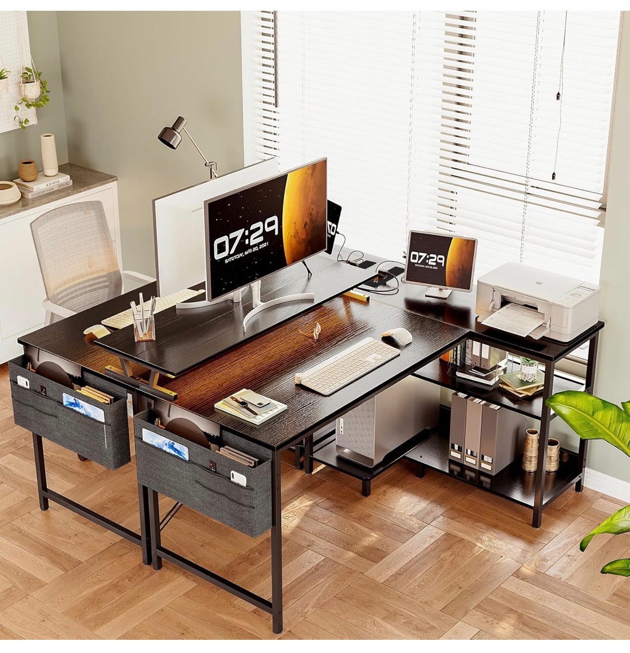 L Shaped Gaming Desk with LED Lights, 120 × 80 cm Computer Desk with Power Outlet, Reversible Corner Gaming Table with Storage Shelves & Monitor Stand, Black