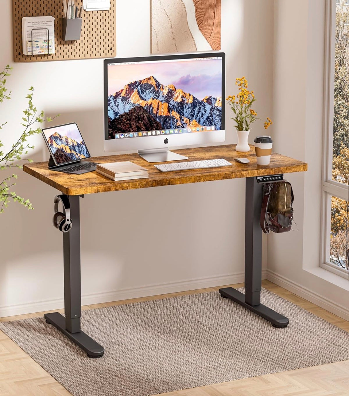 Electric Standing Desk 120x60cm Gaming Desk 3 Memory with Splice Board, 70–115cm Lift, 2 Hooks, 80kg Load, Computer Workstation, Rustic Brown