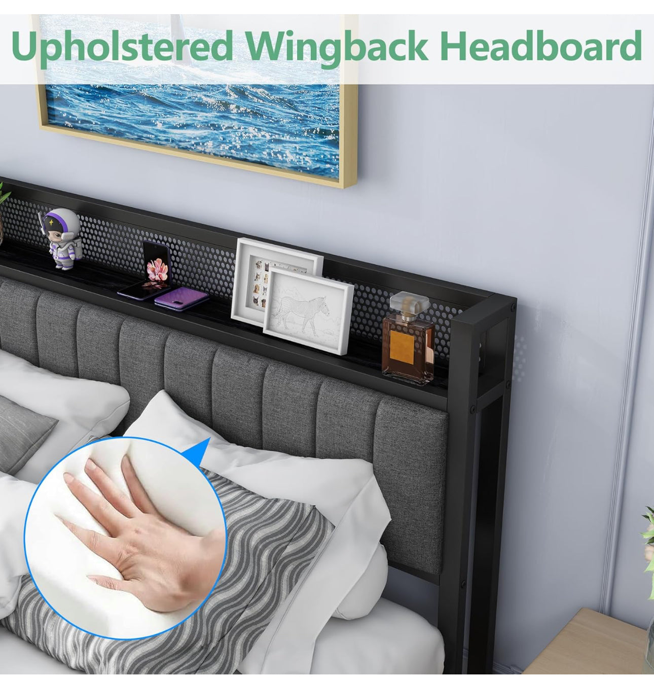 Double Bed Frame with Wooden Storage Headboard Shelf