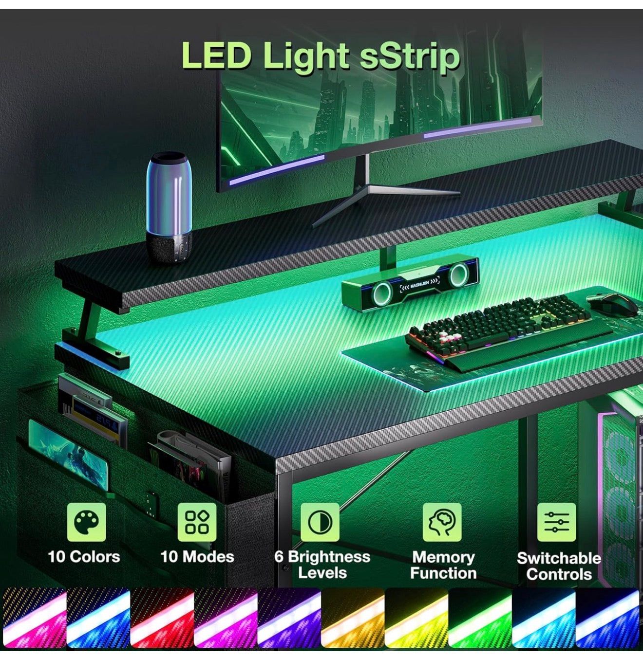 L Shaped Gaming Desk with LED Lights & Power Outlet, 100x70 cm
Carbon Fiber Black Computer Desk with Shelves for Small Spaces, Corner Gaming Table with Monitor Stand for Work Play Office