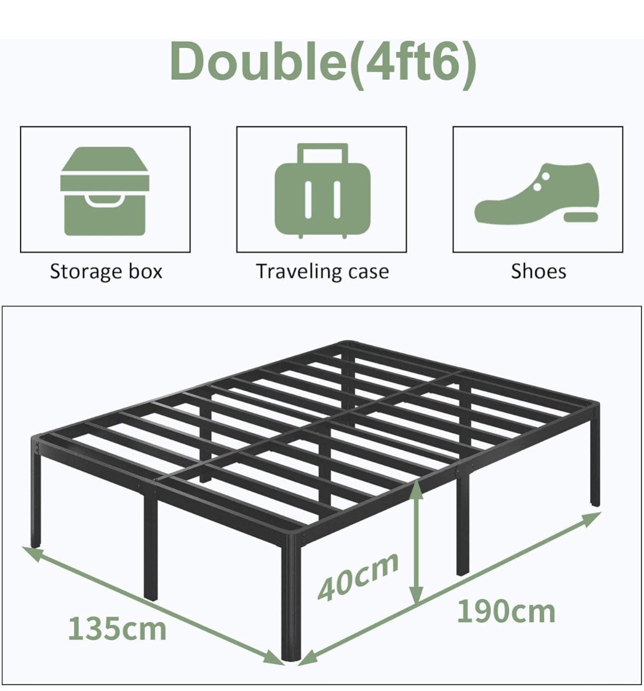 4ft 6 Double Bed Frame, Heavy Duty Metal Bed Frame Double with Steel Slats, Black
41 cm High