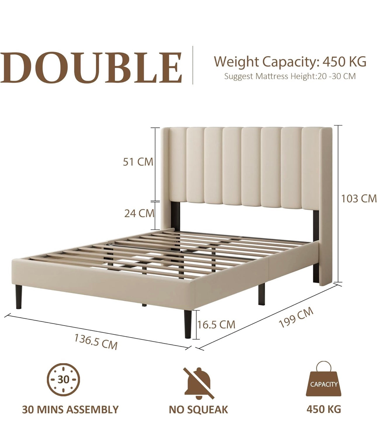 Double Bed Frame with Headboard, Vertical Channel Tufted