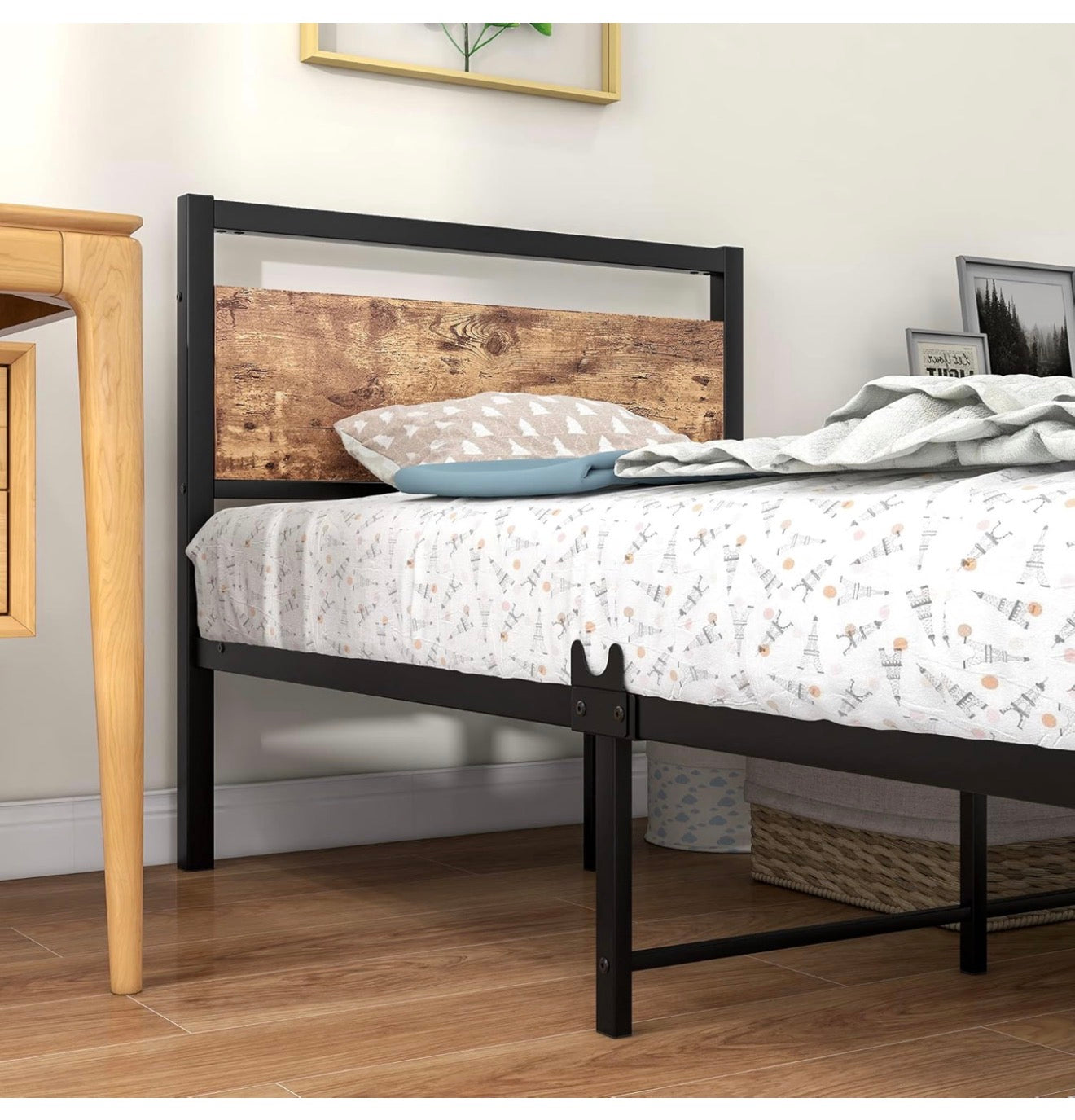 Metal Platform Bed Frame 3 FT Single with Wooden Headboard and Footboard Heavy Duty Steel Support, No Box Spring Needed, Easy Assembly, Black