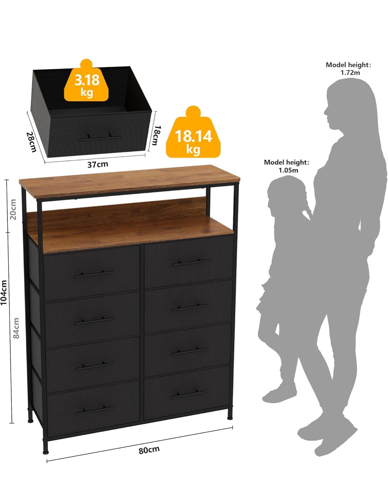 Chest of Drawers, Dresser for Bedroom with 8 Fabric Drawers
