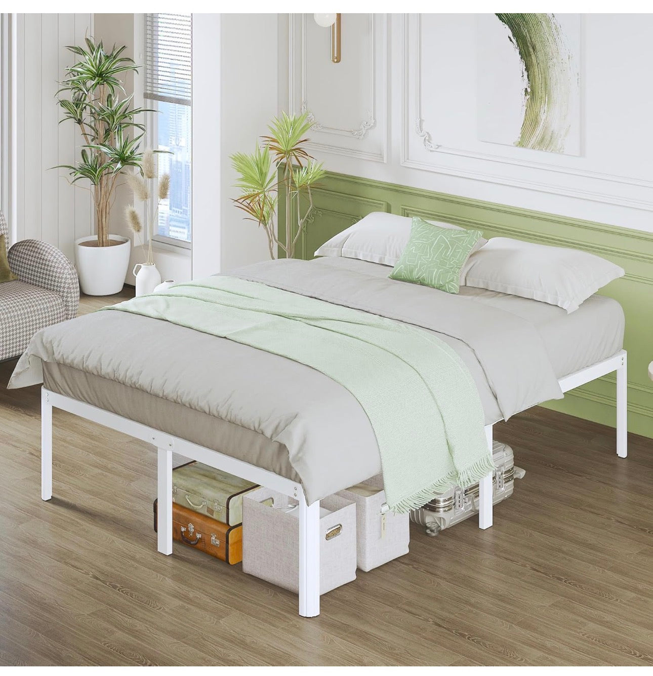 41 cm King Size Bed Frame with Rounded Corner Legs, 5ft Metal Platform Bed Frames King Size with Storage Space Underneath, No Noise, Easy Assembly, White
