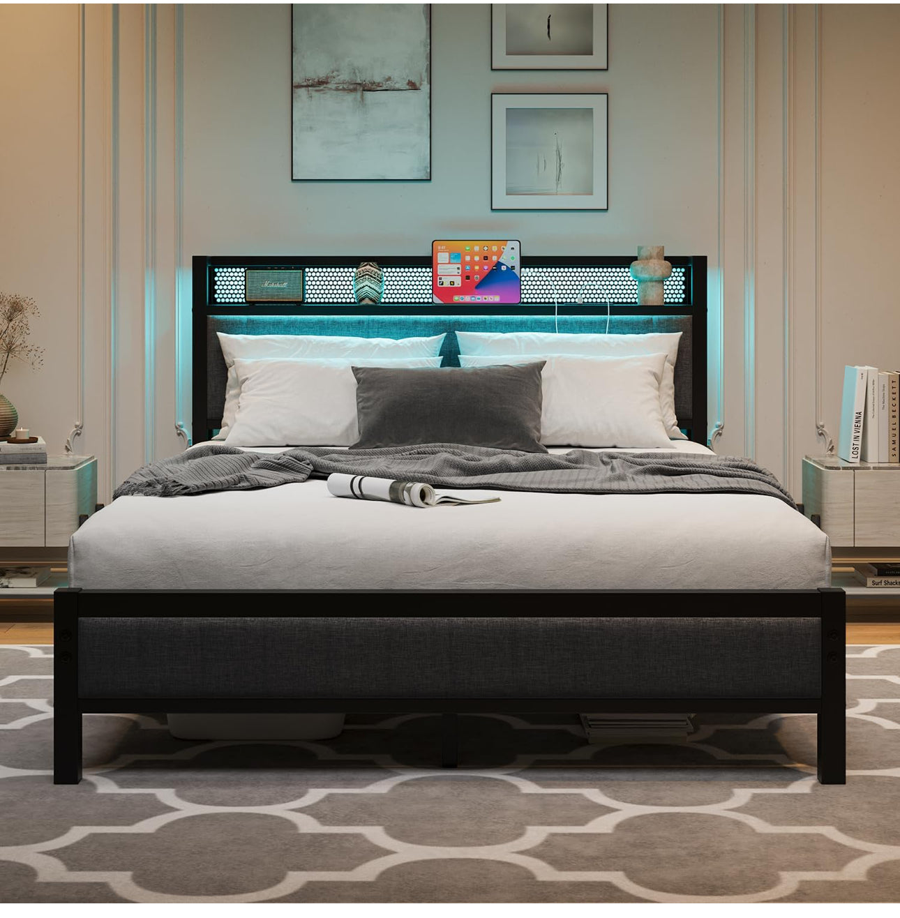 King Size Bed Frame with Upholstered Headboard, Wooden Storage Headboard Shelf, 5ft Upholstered Bed Frame Kingsize with Charging Station/USB Ports and LED Lights