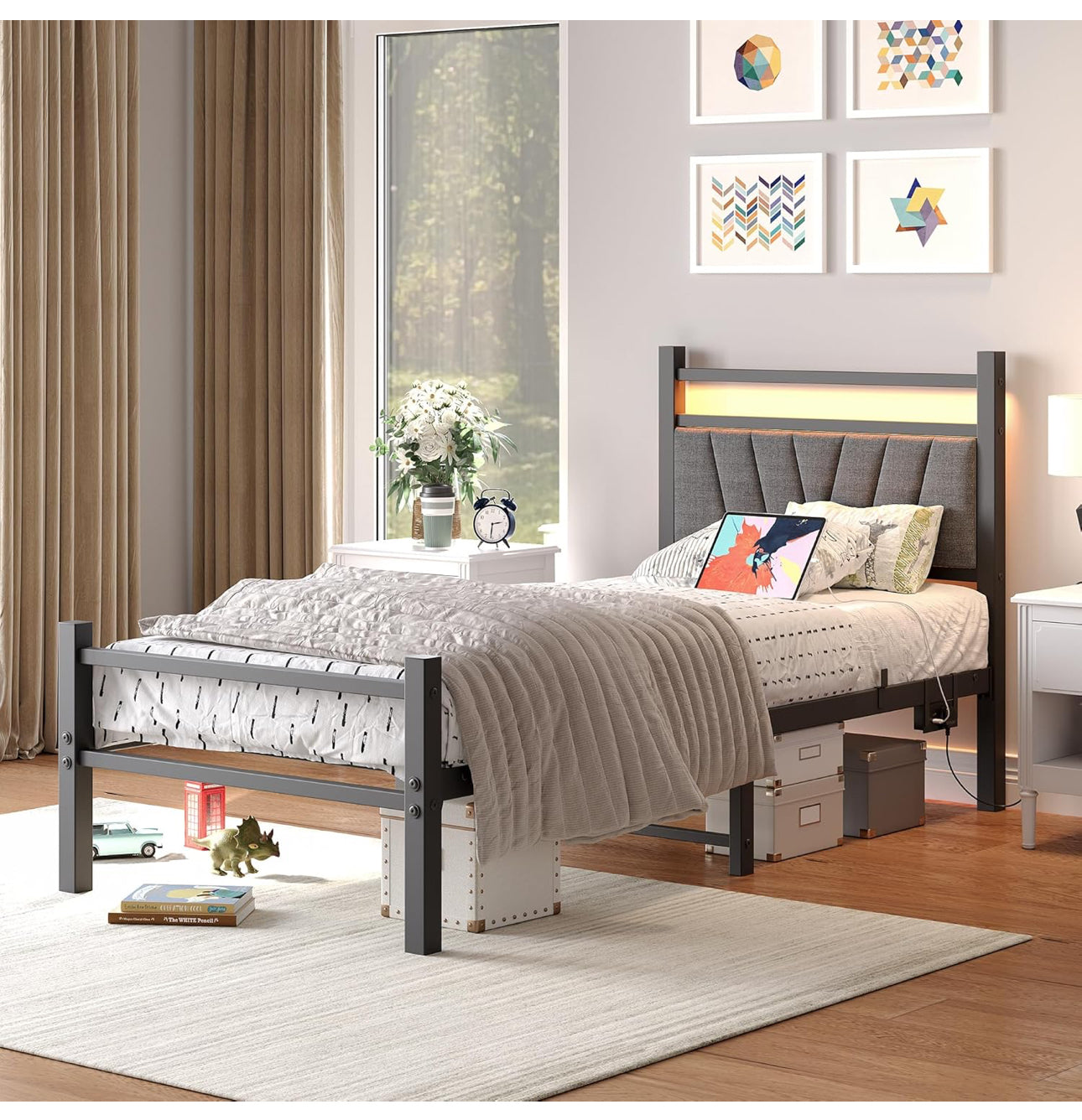 Bed frame with Headboard and USB Charging Station