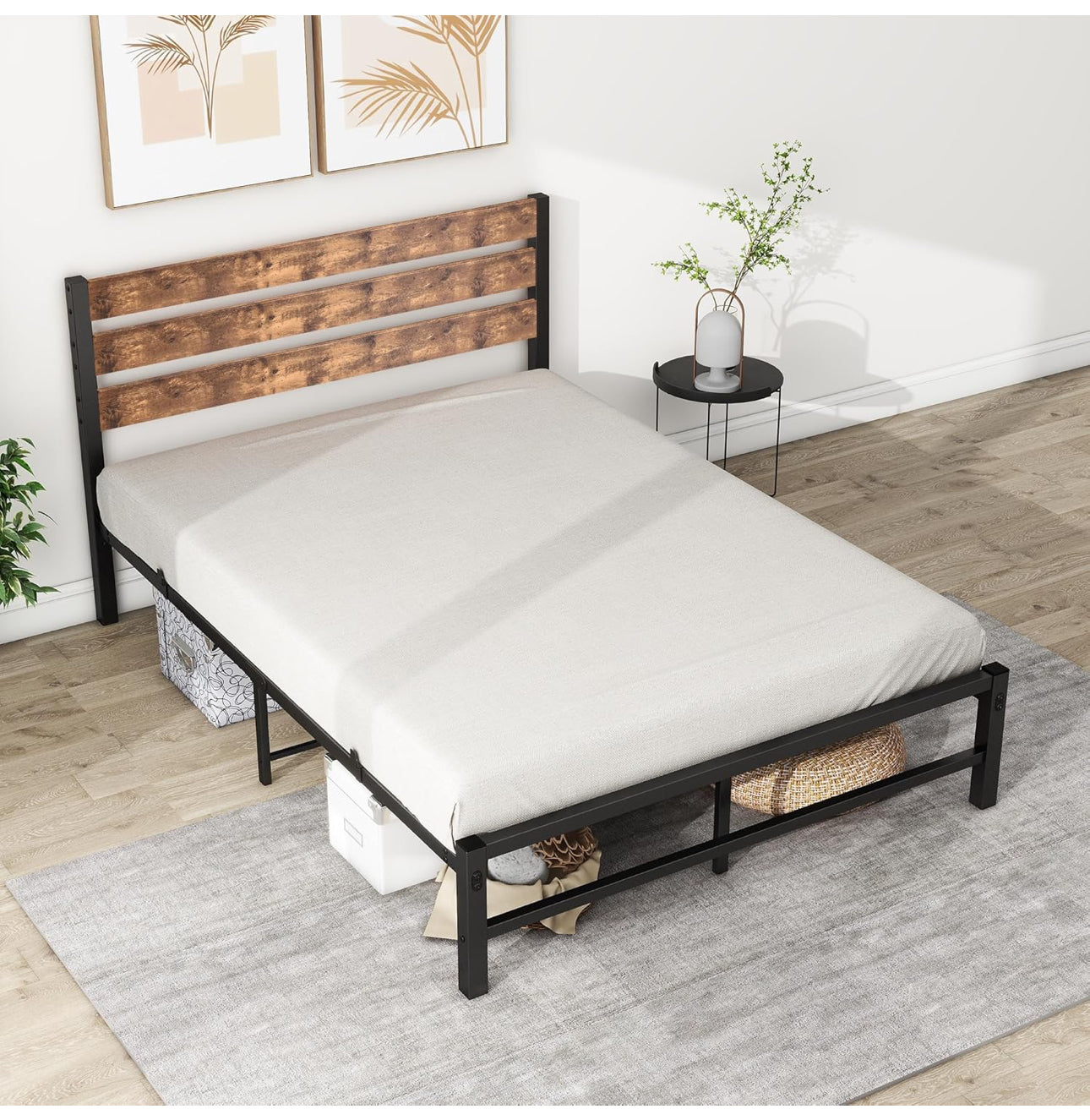 Double Bed Frame with Wood Headboard