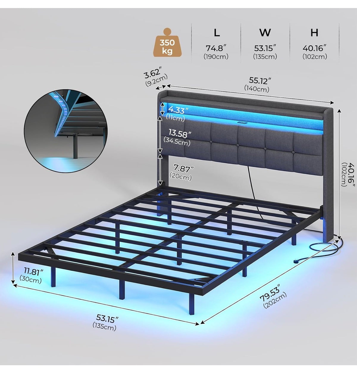 4ft6 Floating Double Bed Frame 135×190CM with LED Lights & Charging Station, Metal Platform Bed frame with Upholstered Headboard, Easy Assembly,Noise Free,No Box Spring Needed,Dark Gray Linen