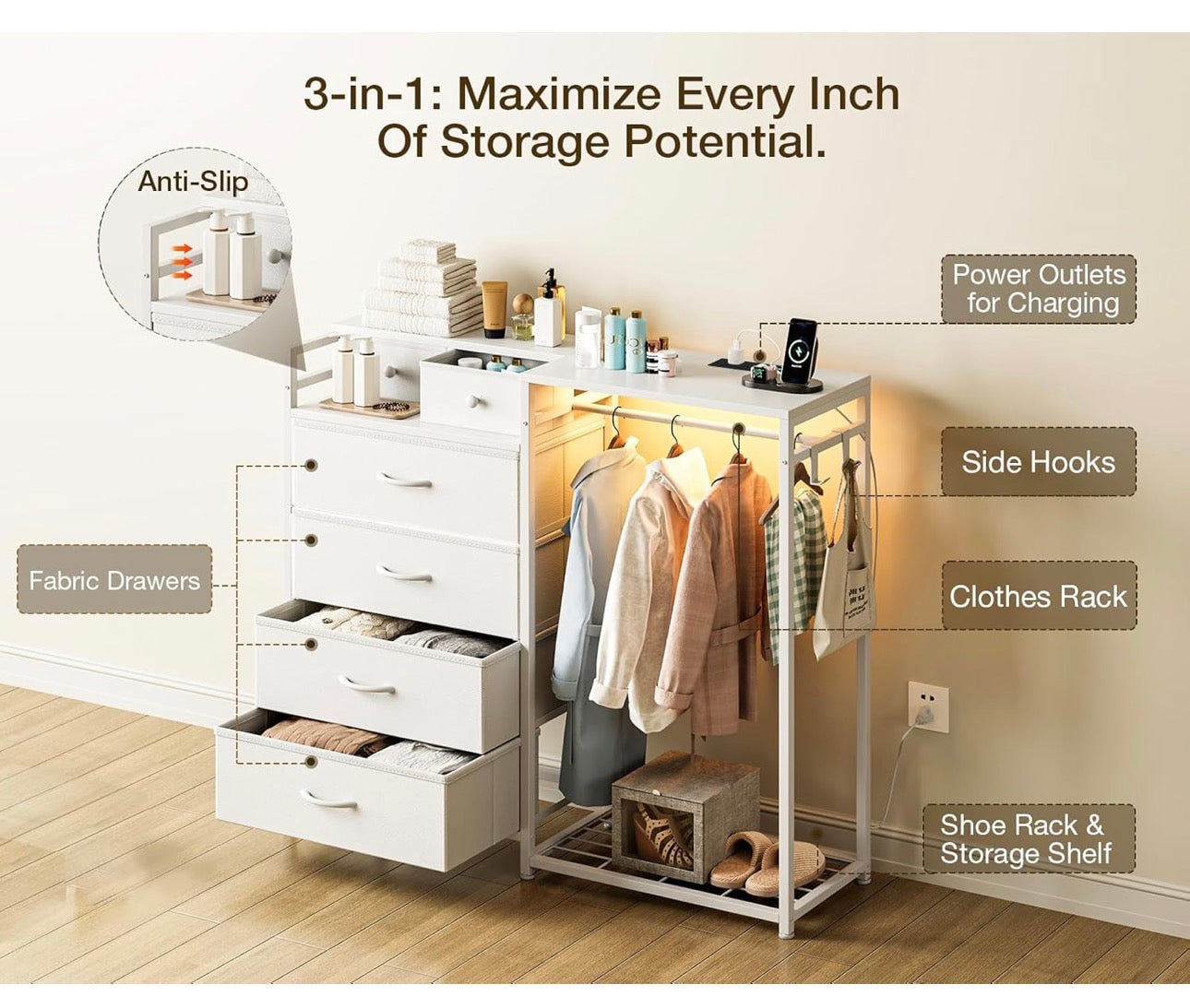 Chest of Drawers Bedroom with Hanging Rail, Built-