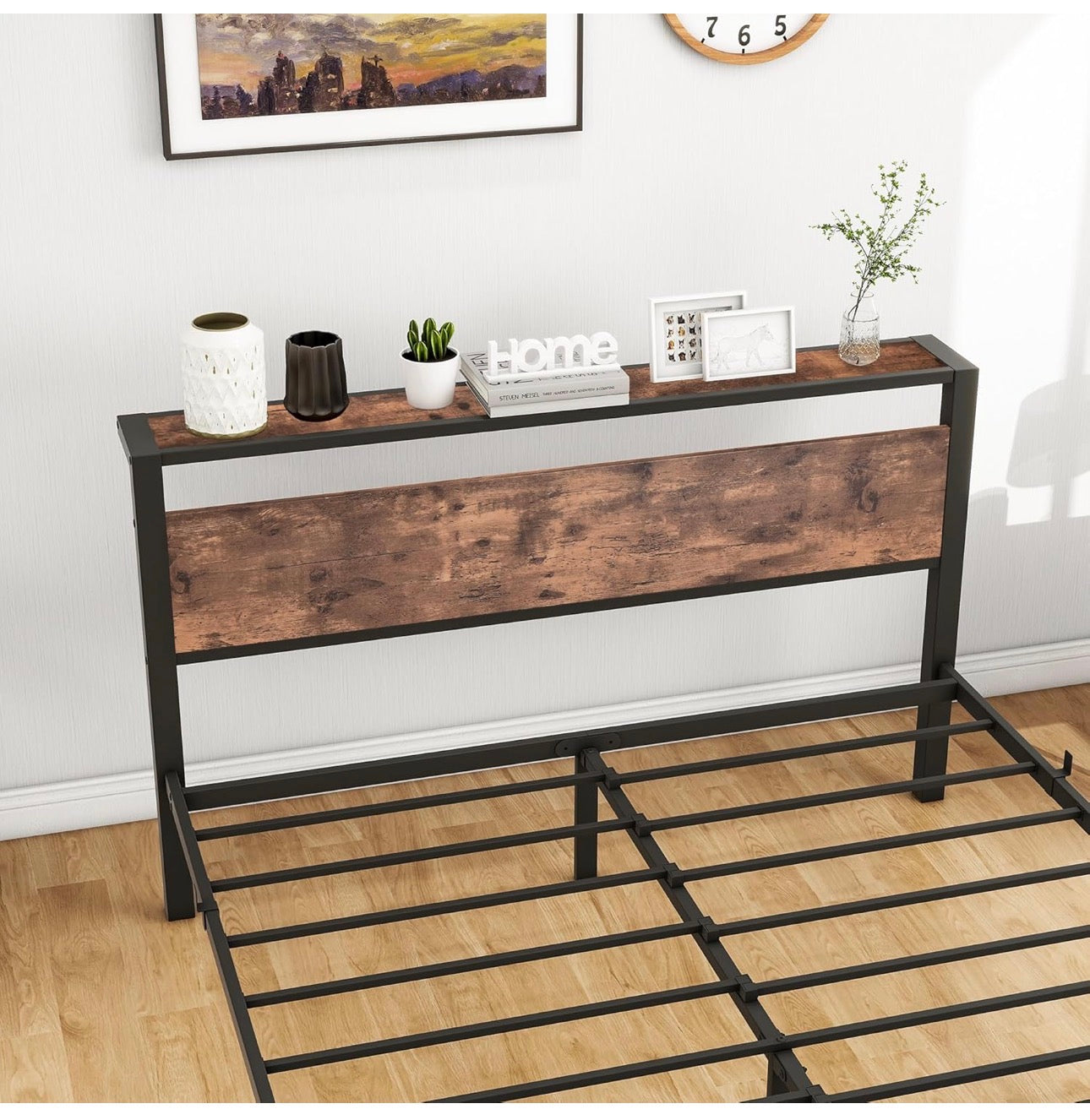5ft King Metal Platform Bed Frame with Wooden Storage Shelf Headboard, 150x200 cm