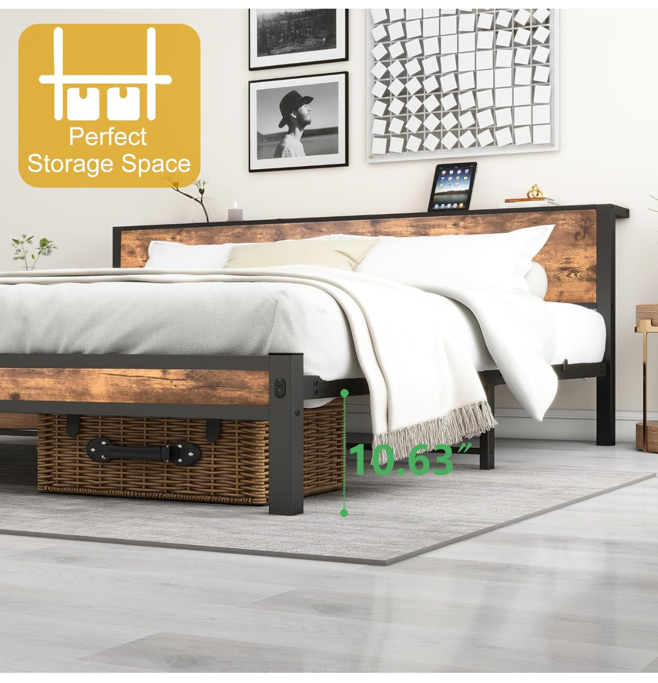 Double Bed Frame with Wooden Storage Shelf Headboa