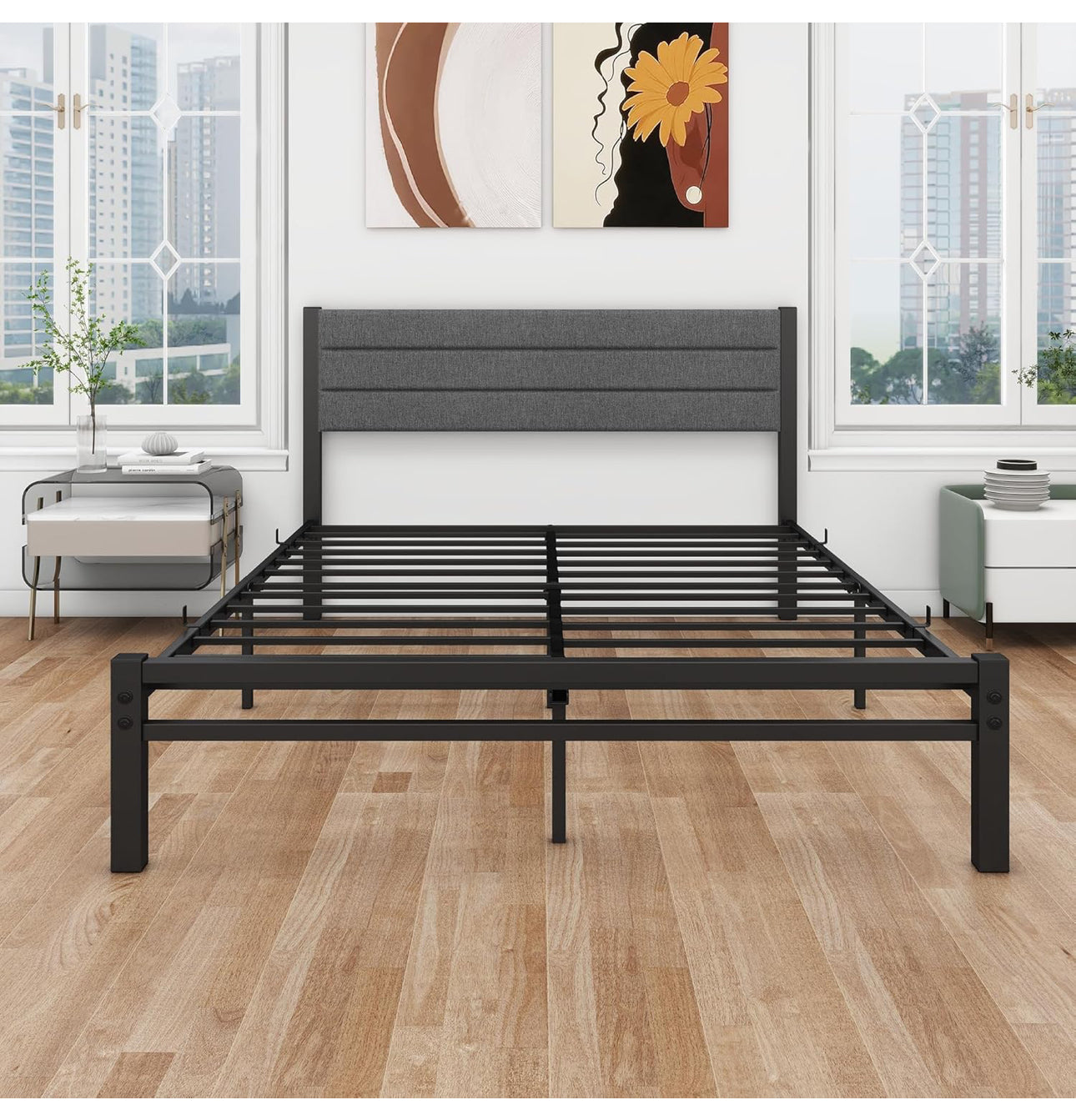 Double Bed Frame with Storage Upholstered Headboard