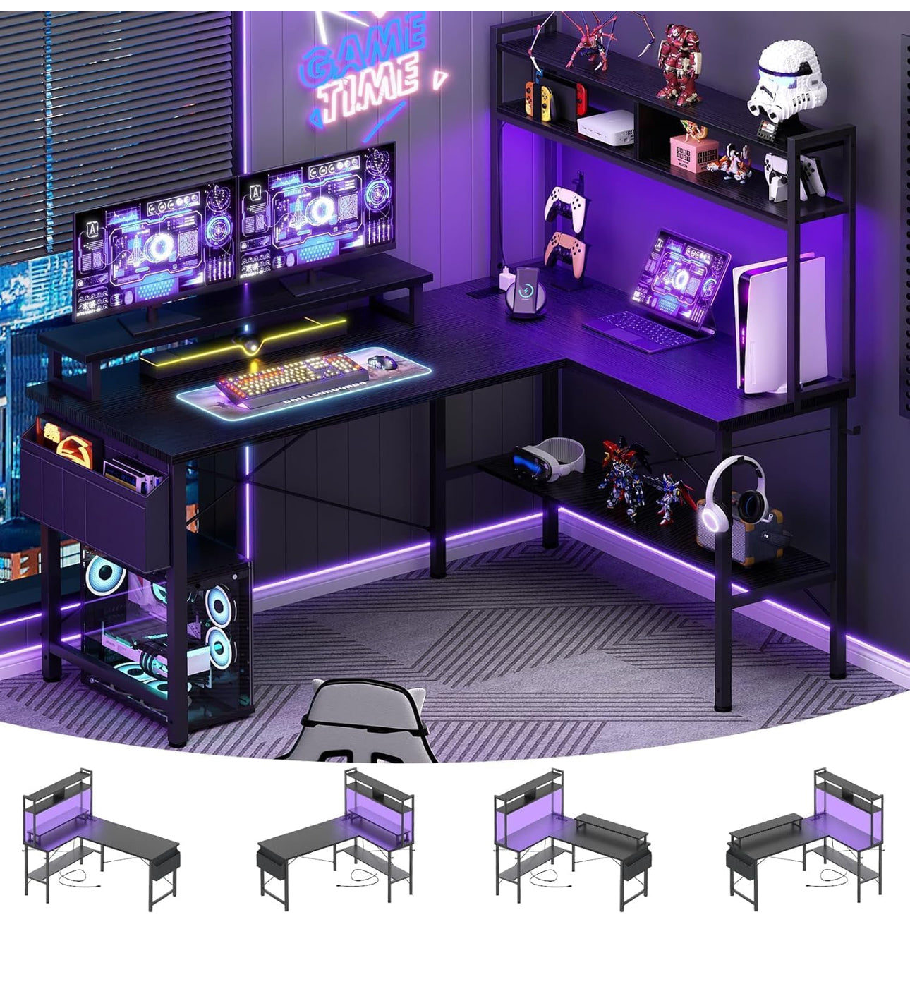 L Shaped Gaming Desk with Power Outlets & LED Lights
