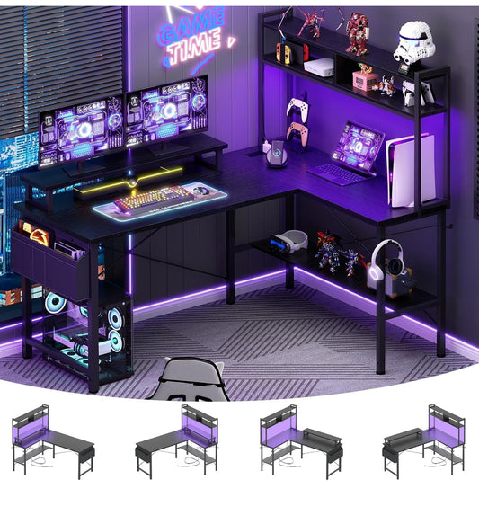 L Shaped Gaming Desk with Power Outlets & LED Lights