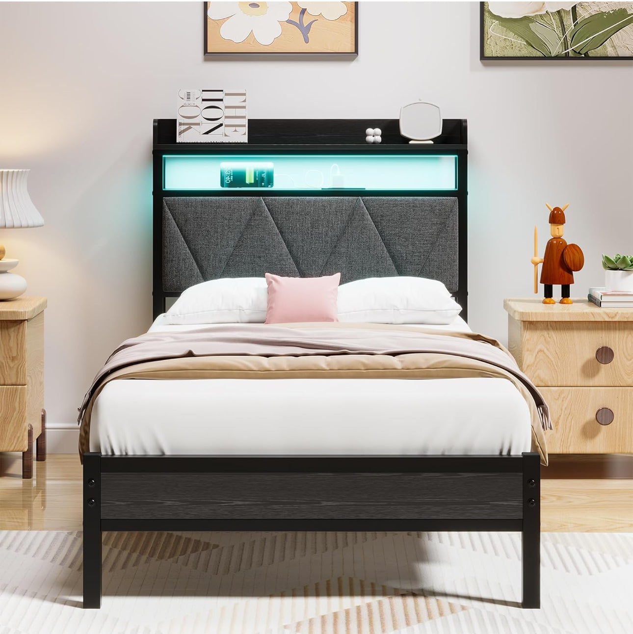 Single Bed Frames with 3ft Upholstered Wooden Two shelf Storage Headboard, Charging Station,LED Lights
