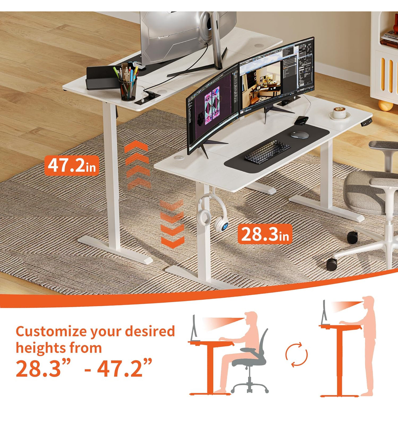 Height-Adjustable Desk, Memory Height, Standing Desk, with Outlets and USB & Tpye-C