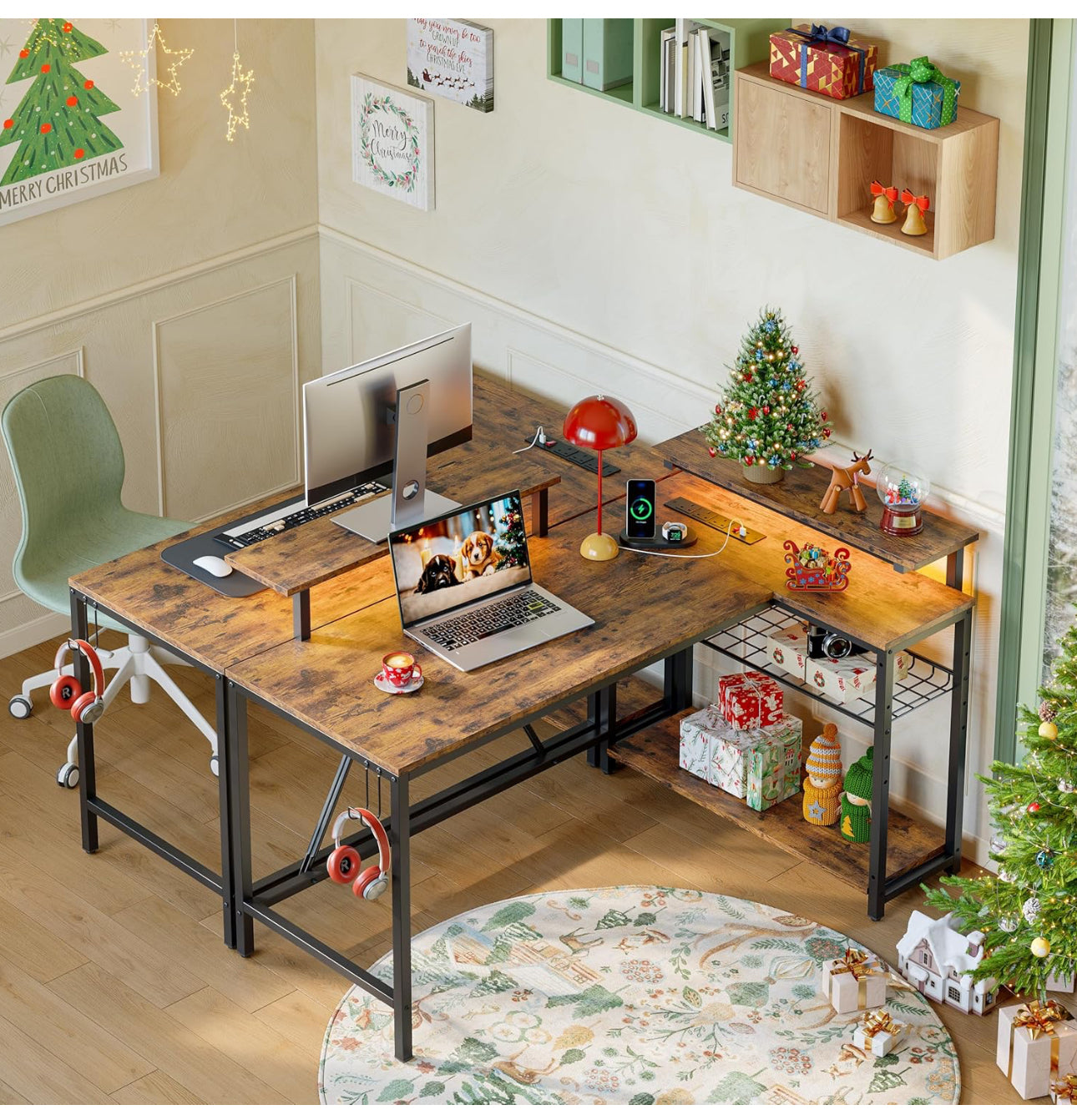 L Shaped Desk with Power Outlets & LED Lights