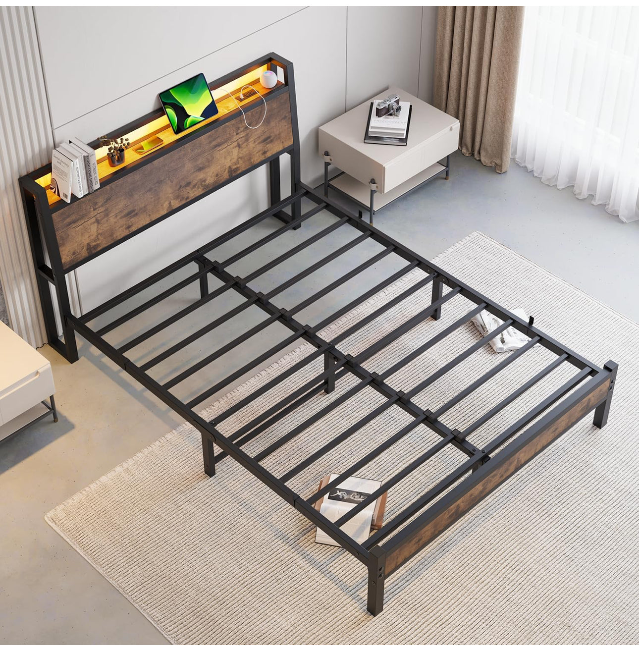 King Size Bed Frame with Charging Station and LED Lights
