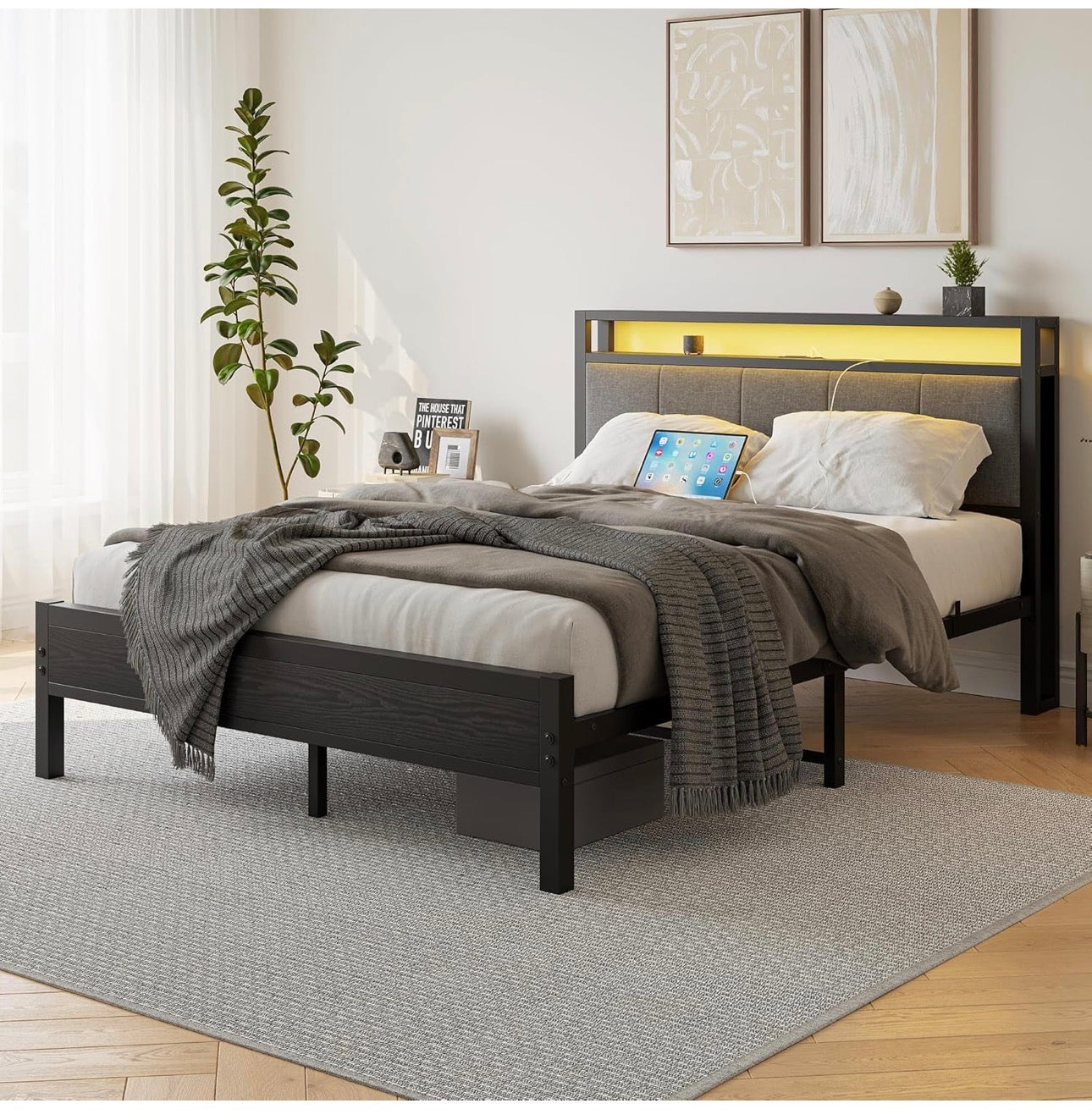 5FT King Size Bed Frame with LED Lights and Charging Station, Heavy Duty Metal Platform Upholstered King Bed frame with Storage Fabric Headboard,Metal Slats Support,Mattress Foundation (Black)