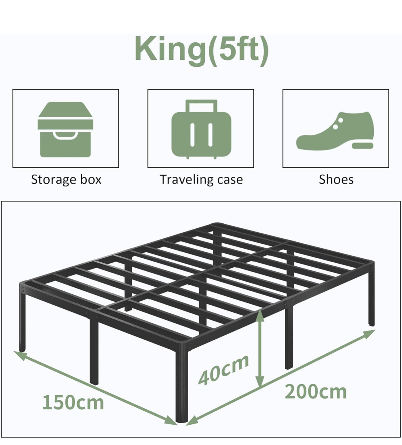 41 cm King Size Bed Frame with Rounded Corner Legs, 5ft Metal Platform Bed Frames King Size with Storage