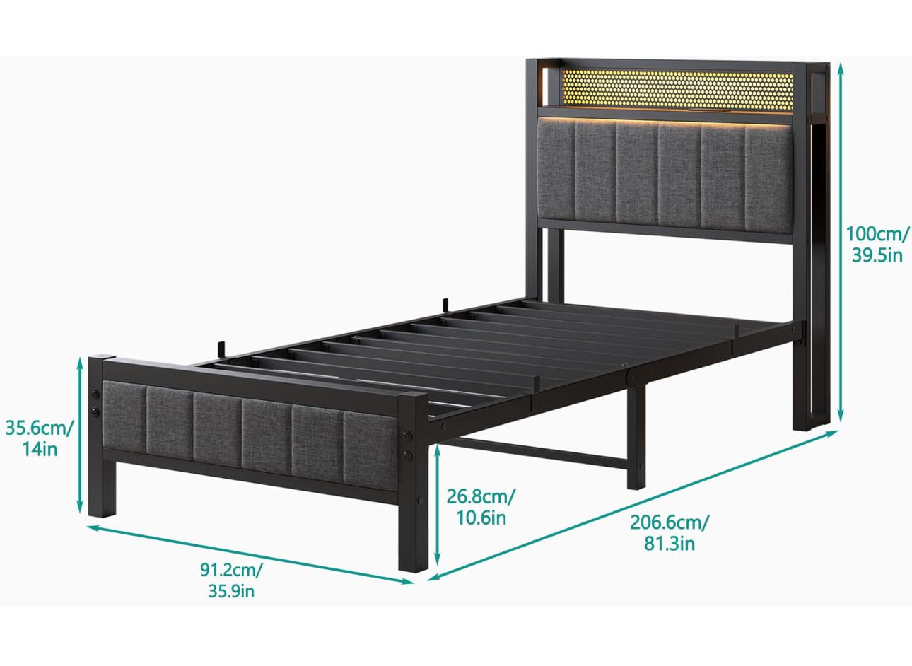 Single Bed Frames with Storage Headboard and Charging Station/LED Lights