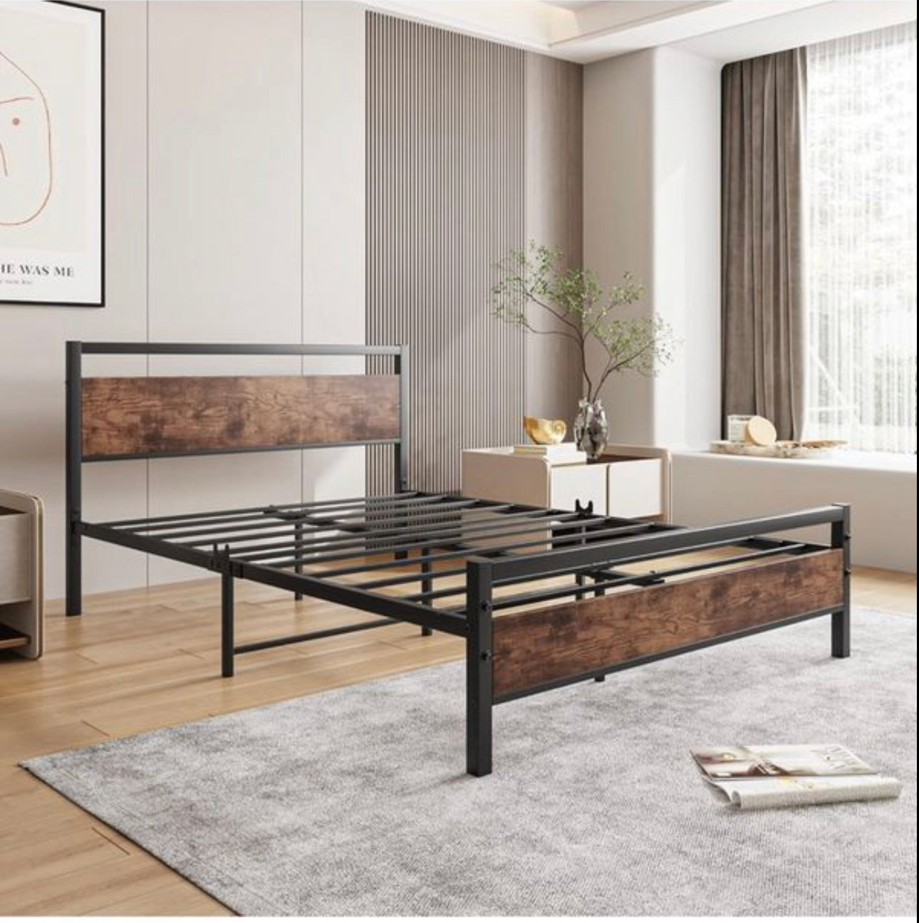 Double Bed Frame with Wooden Headboard