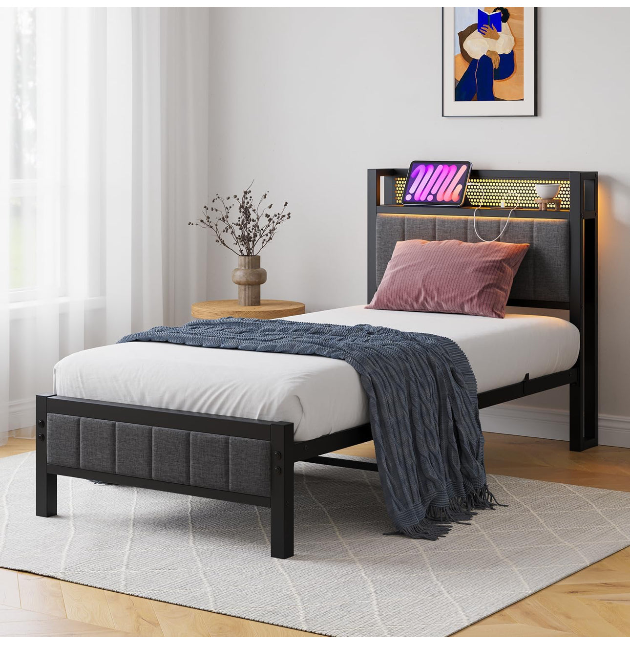 Single Bed Frames with Storage Headboard and Charging Station/LED Lights