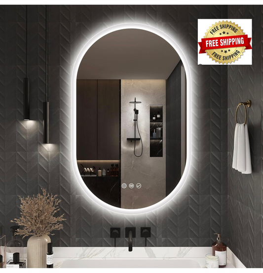 Oval Bluetooth Bathroom Mirror with LED Lights 500x800mm, Anti-Fog, LED Bathroom Mirror with Memory, 3000K-6500K, Dimmable, HD Tempered Glass, IP44 Waterproof, Horizontal or Vertical