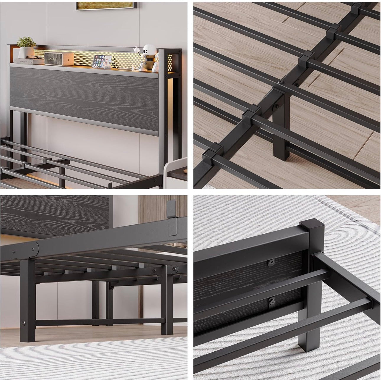 Double Bed Frame with LED Lights Storage Headboard,4ft6 Metal Bed Frame Double Bed with Charging Station