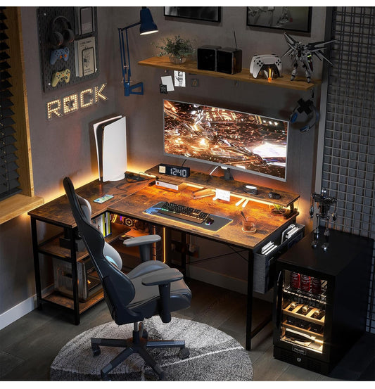 L Shaped Gaming Desk with LED Lights, 120 × 80 cm