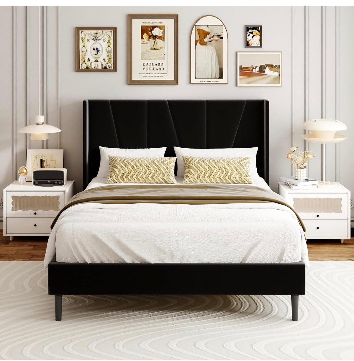 Double Bed Frame with Headboard, Velvet Geometric Tufted Upholstered Platform Bed Frames, Contemporary Mattress Foundation, No Box Spring Needed, Noise Free, Easy Assembly, Black