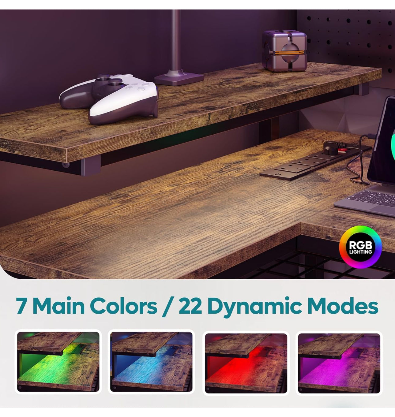 L Shaped Desk with Power Outlets & LED Lights