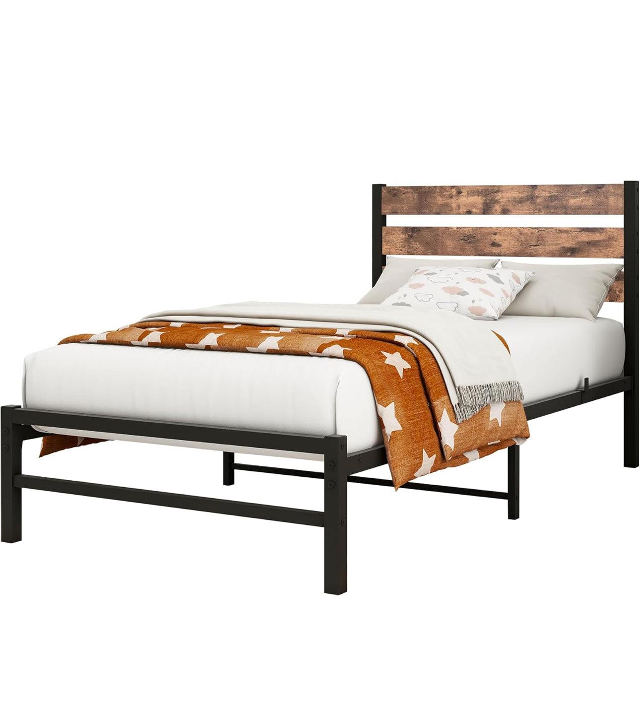Single Bed Frame Heavy Duty Metal Platform Bed Frame, Black Brown