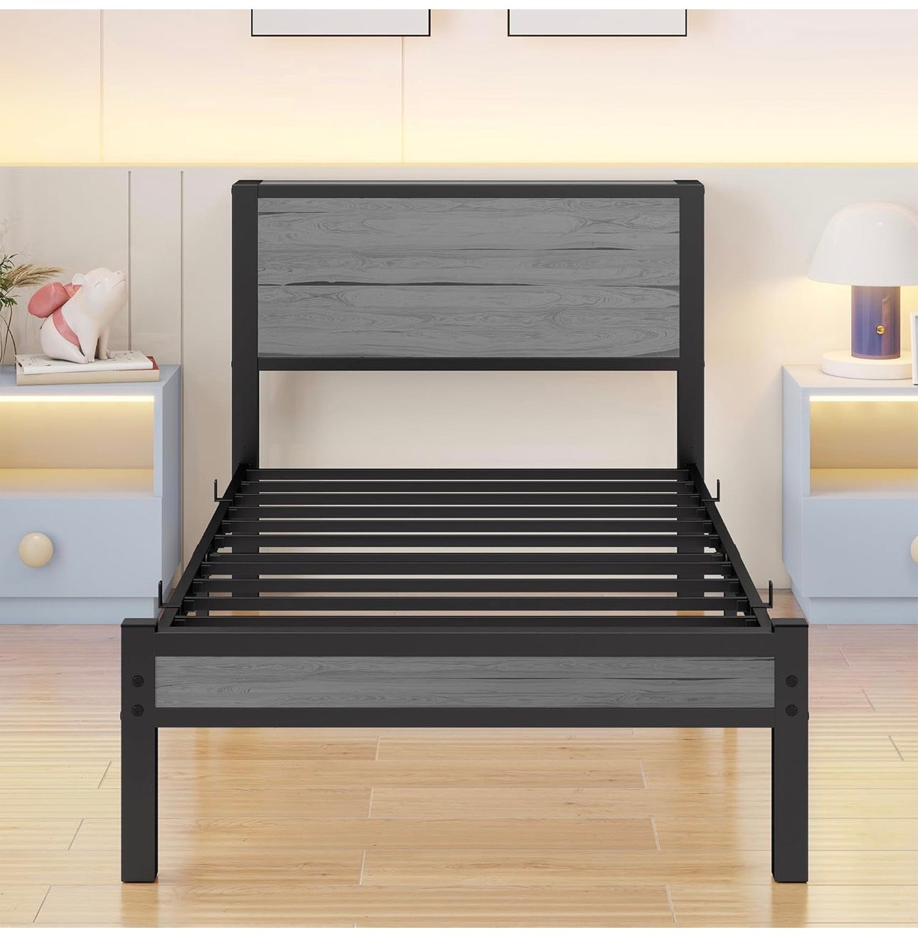 Wooden Single Bed Frame with Storage Headboard Shelf, 3FT Metal Bed Frame Single Bed Base