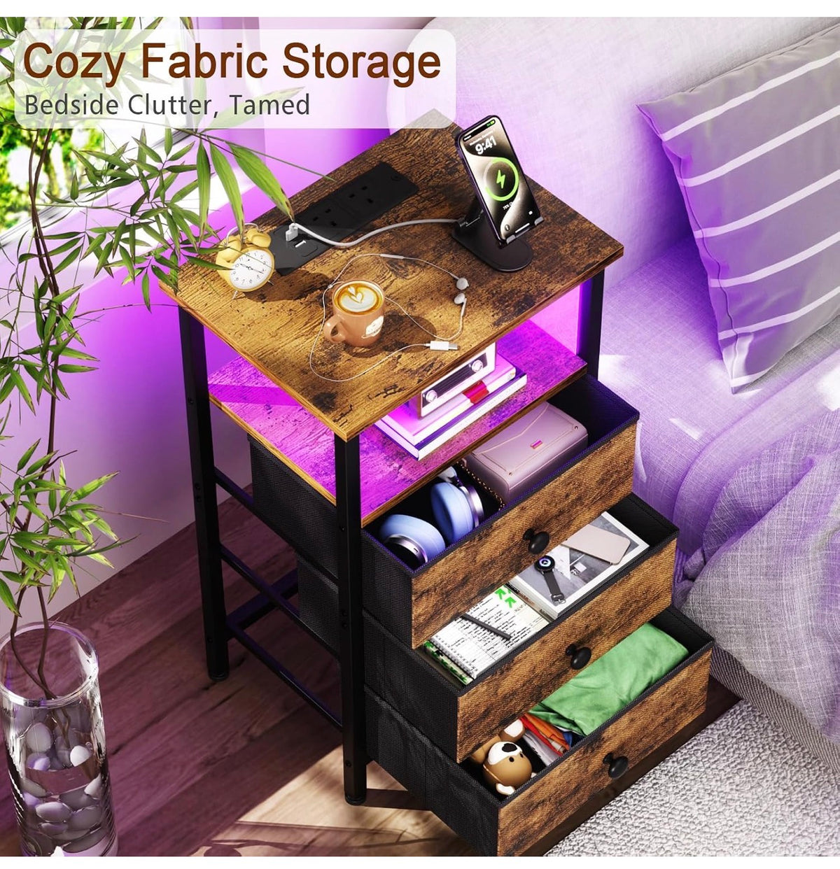 Bedside Table with Charging Station, Side Table with 3 Drawers
Bedside Cabinet with LED Light and Open Storage Shelf, Sofa Table, Night Stand for Living Room, Bedroom,Brown