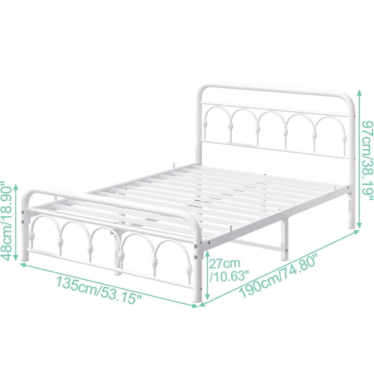 4ft6 Double Bed Frame with High Headboard and Footboard,Vintage Platform Bed Double