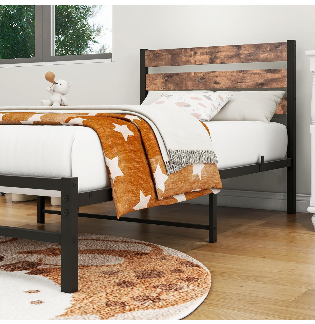 Single Bed Frame Heavy Duty Metal Platform Bed Frame, Black Brown